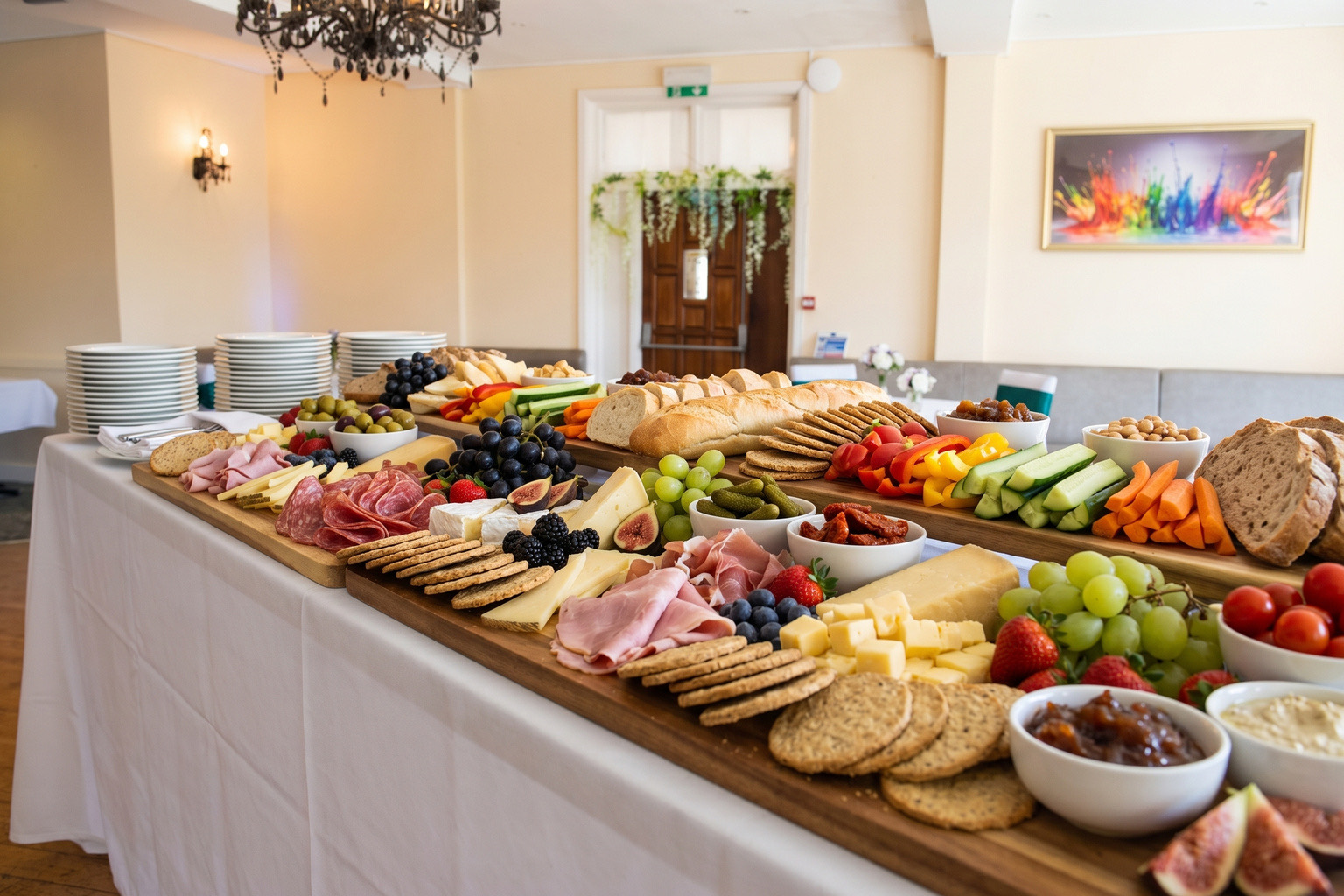 A grazing table at Ashbury Lounge laid with meats, cheeses, fruit, bread and vegetables