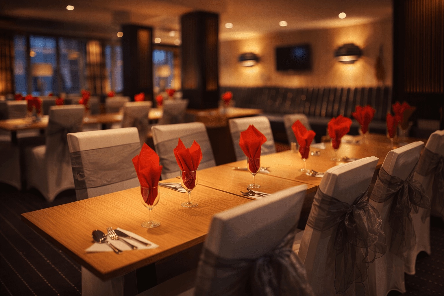 The restaurant at Ashbury Lounge, tables dressed with red napkins and wine glasses